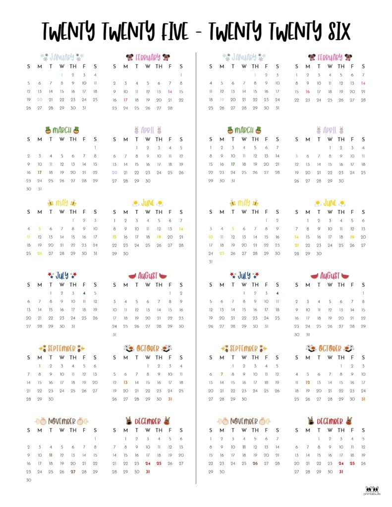 2025 2026 Two Year Calendars 10 FREE Cals Printabulls