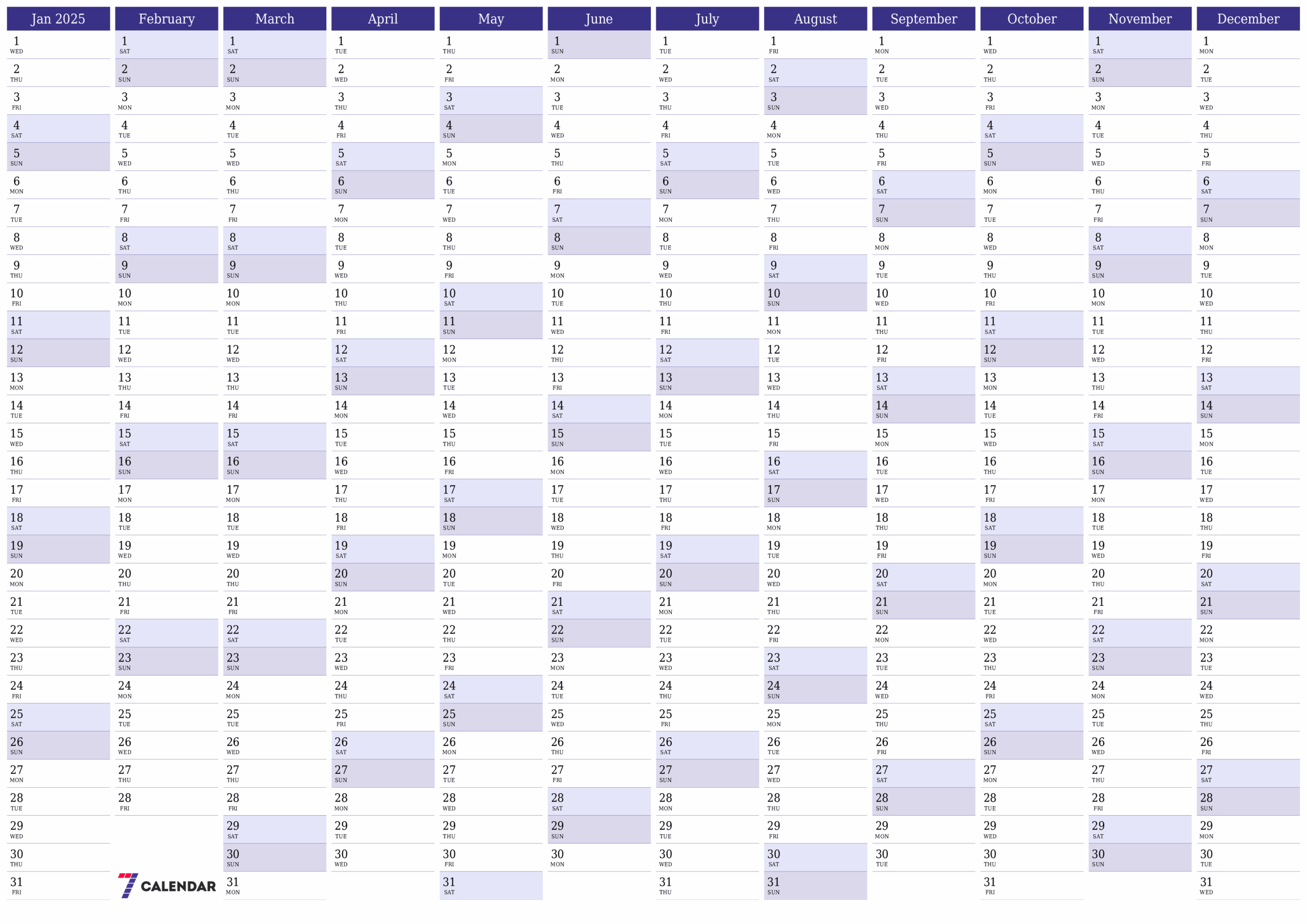 Yearly Calendar 2025 Printable Blank