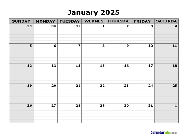 2025 Yearly Calendar With Blank Notes Free Printable Templates