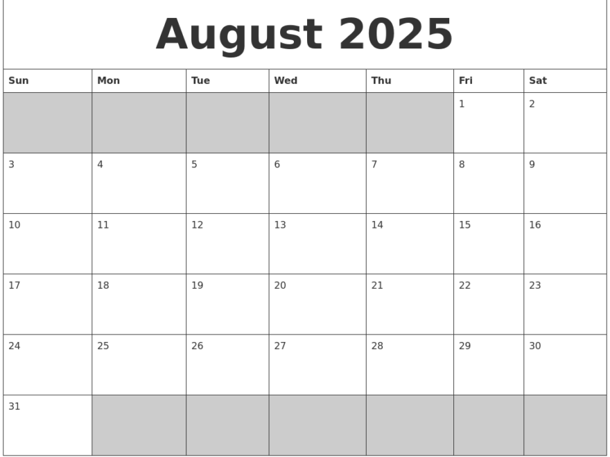 August 2025 Blank Printable Calendar