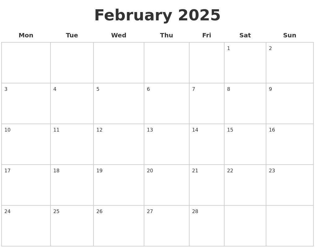 Blank 2025 February Calendar Printable Form Lucy Frankland