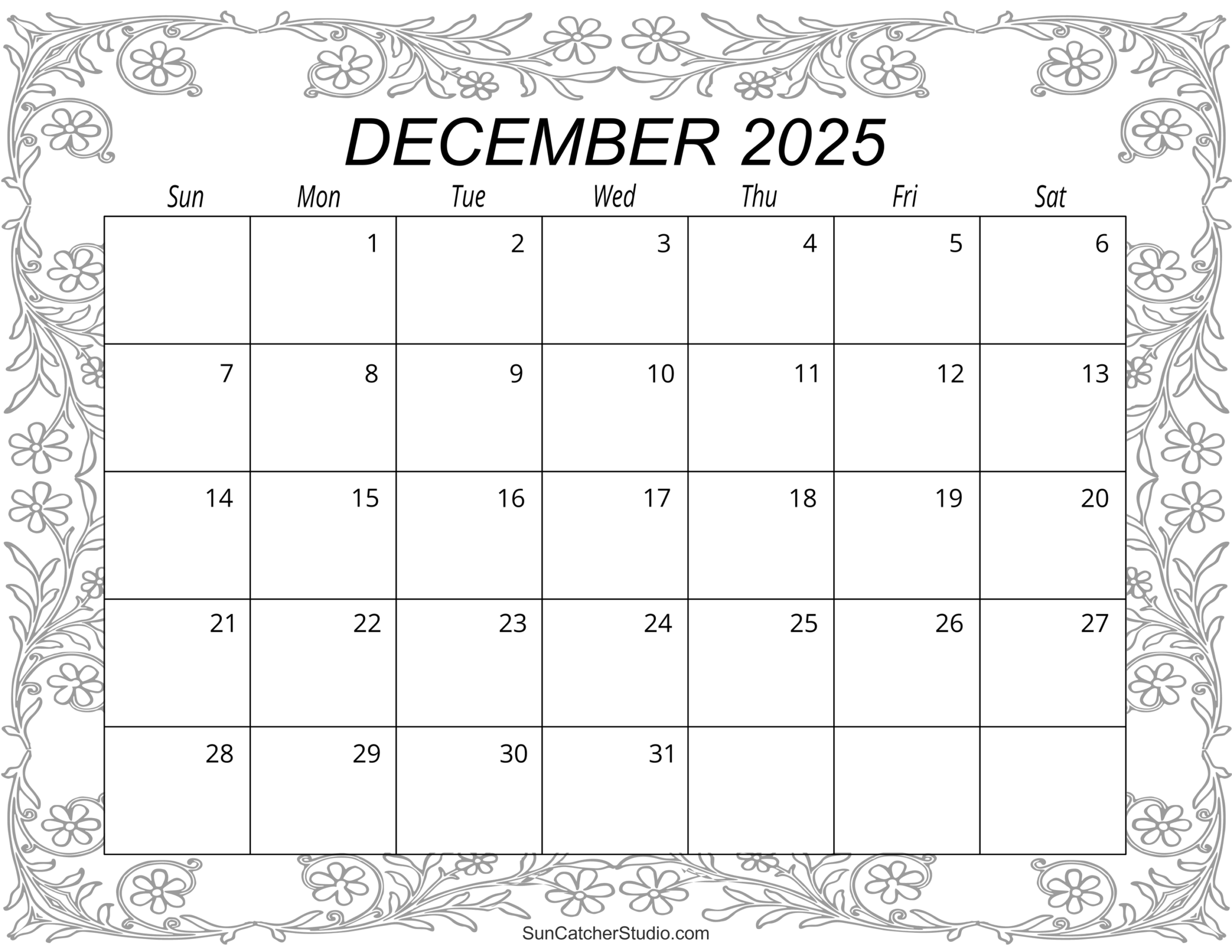 Blank Calendar December 2025 Free Printable