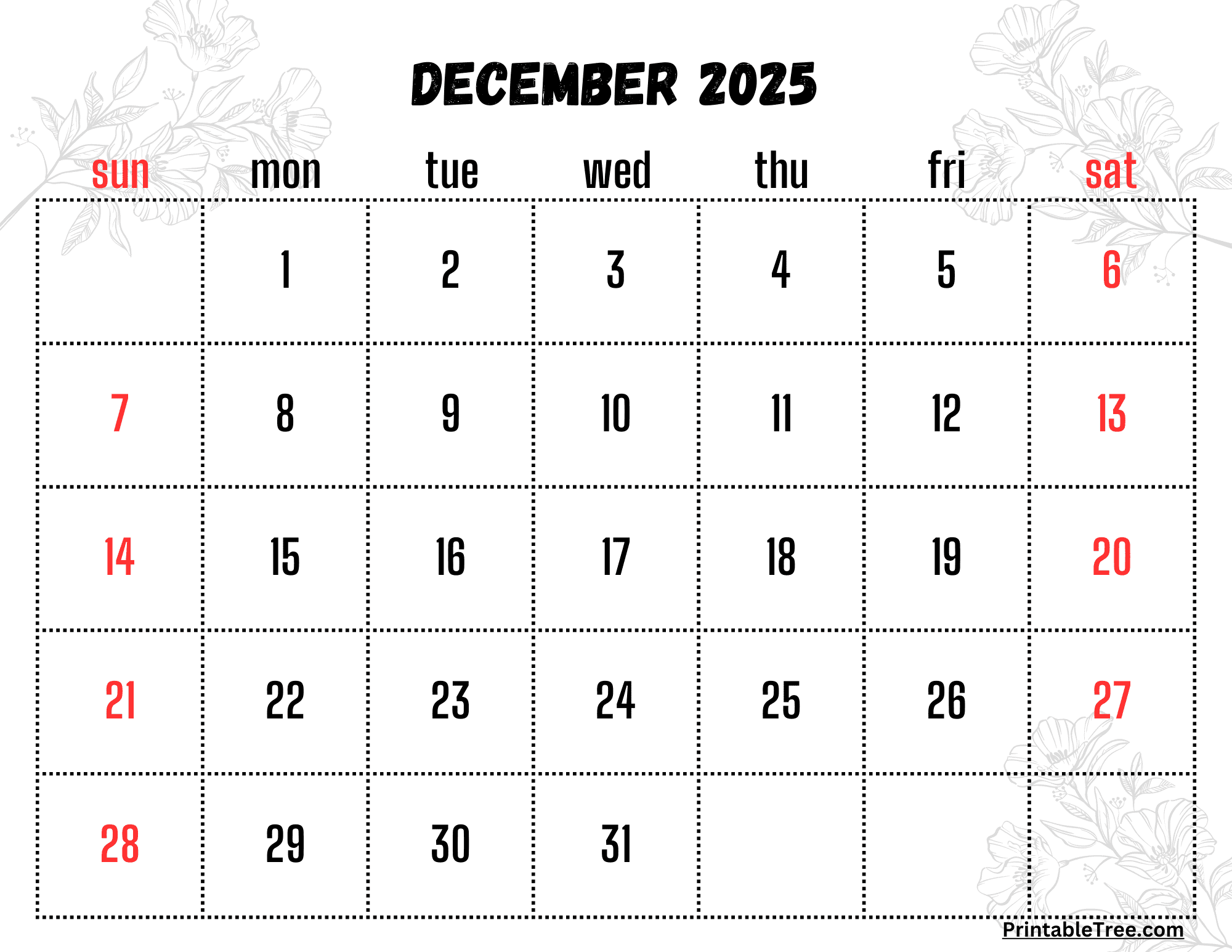 Blank Calendar Template December 2025 Printable