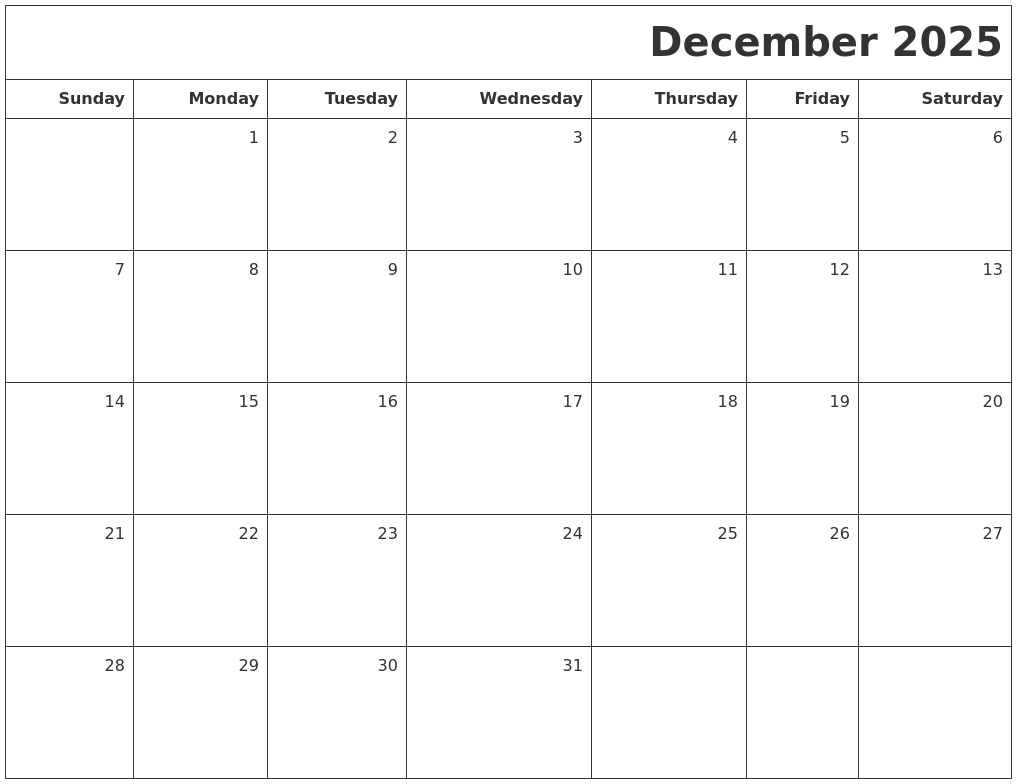 December 2025 Printable Blank Calendar