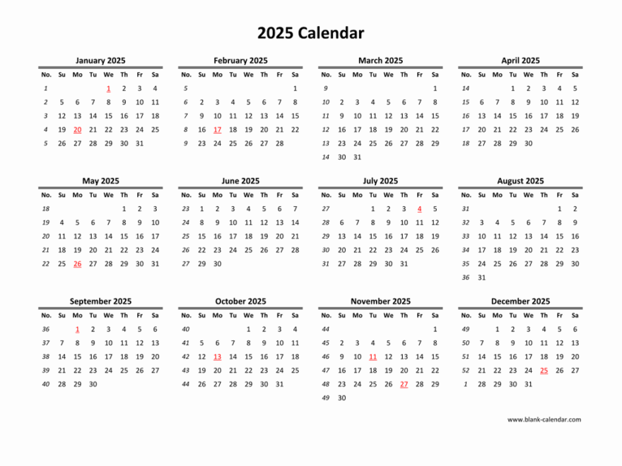 Download Blank Calendar 2025 12 Months On One Page Horizontal