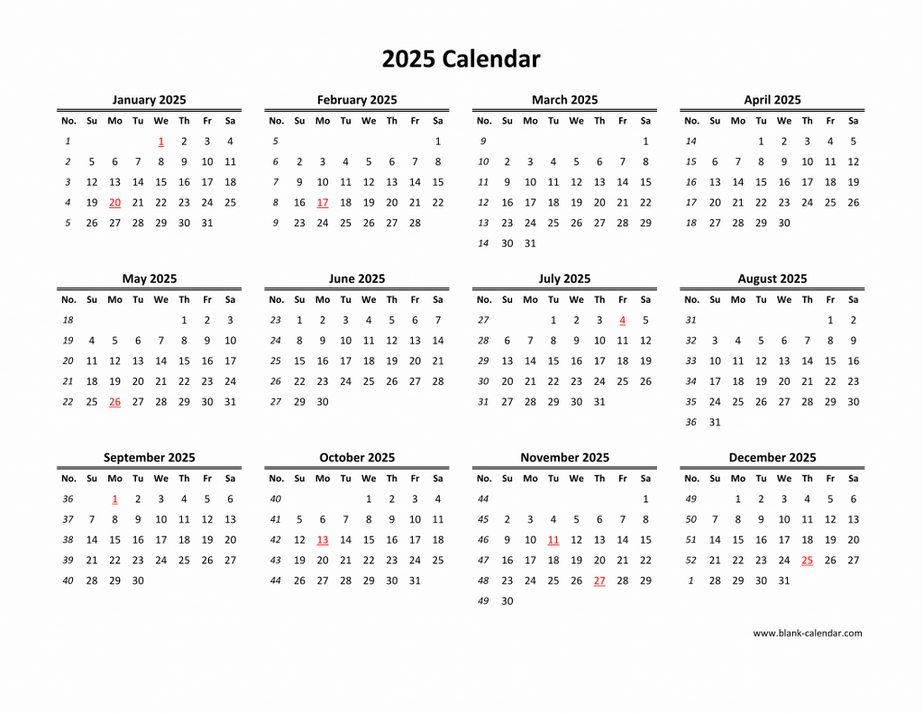 Download Blank Calendar 2025 12 Months On One Page Horizontal 