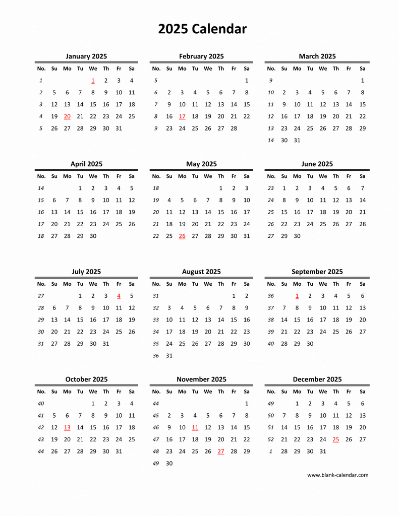 Blank 2025 One Page Calendar Printable