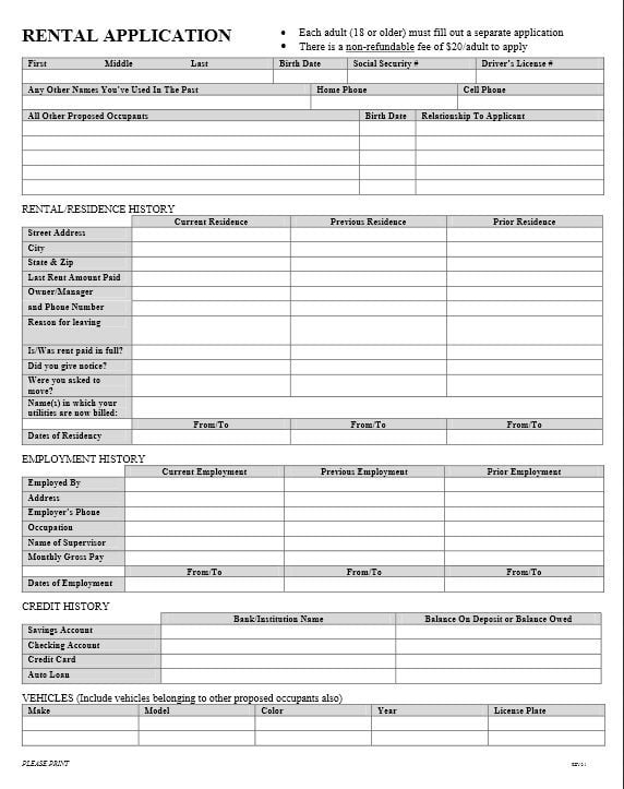 Printable Blank Rental Application