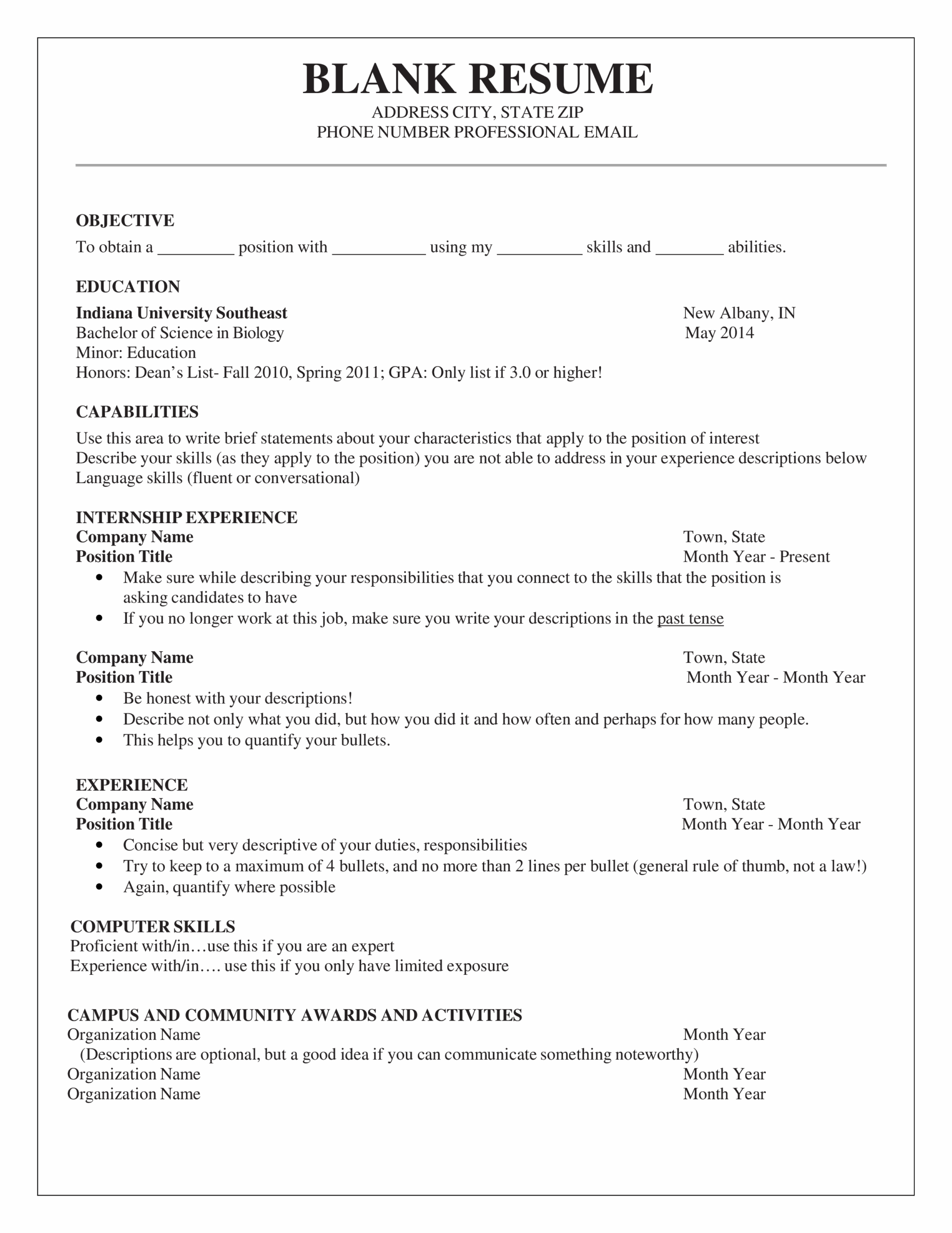 Resume Template Printable Blank