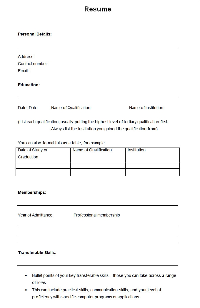 Free Blank Resume Template Printable Printable Templates