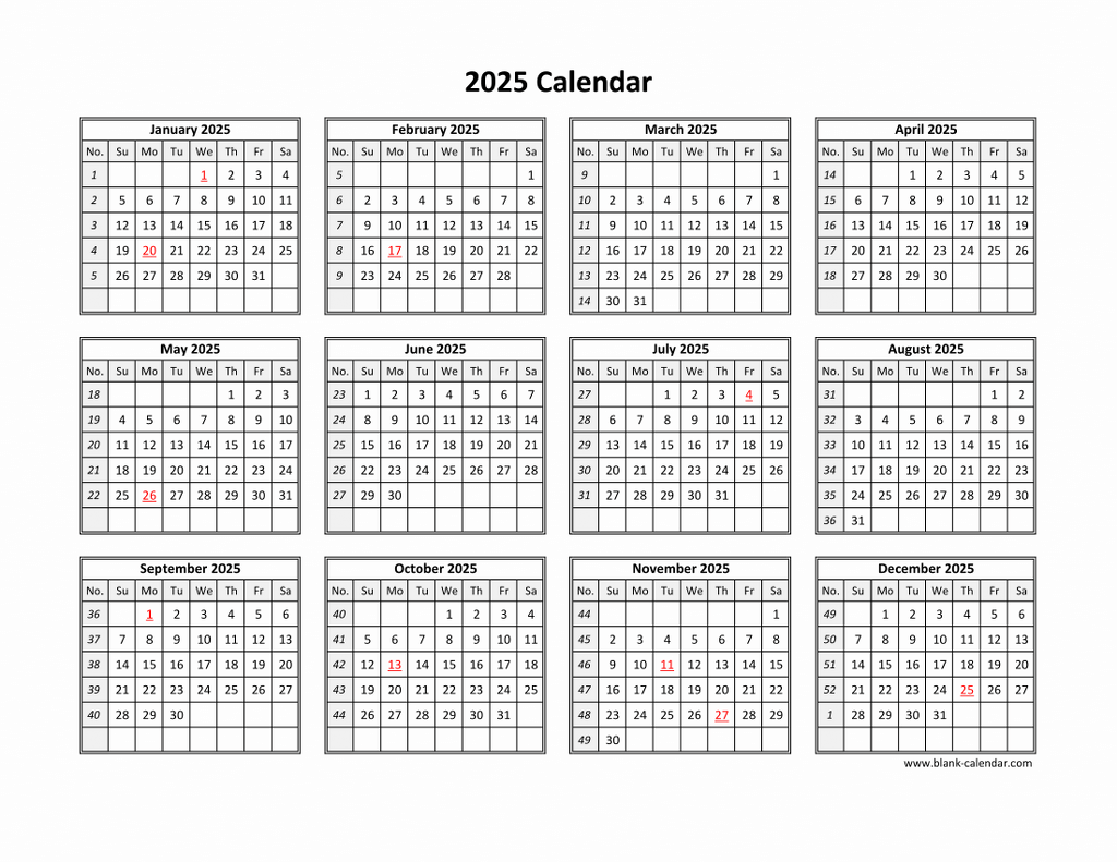 Free Printable Blank Yearly Calendar 2025