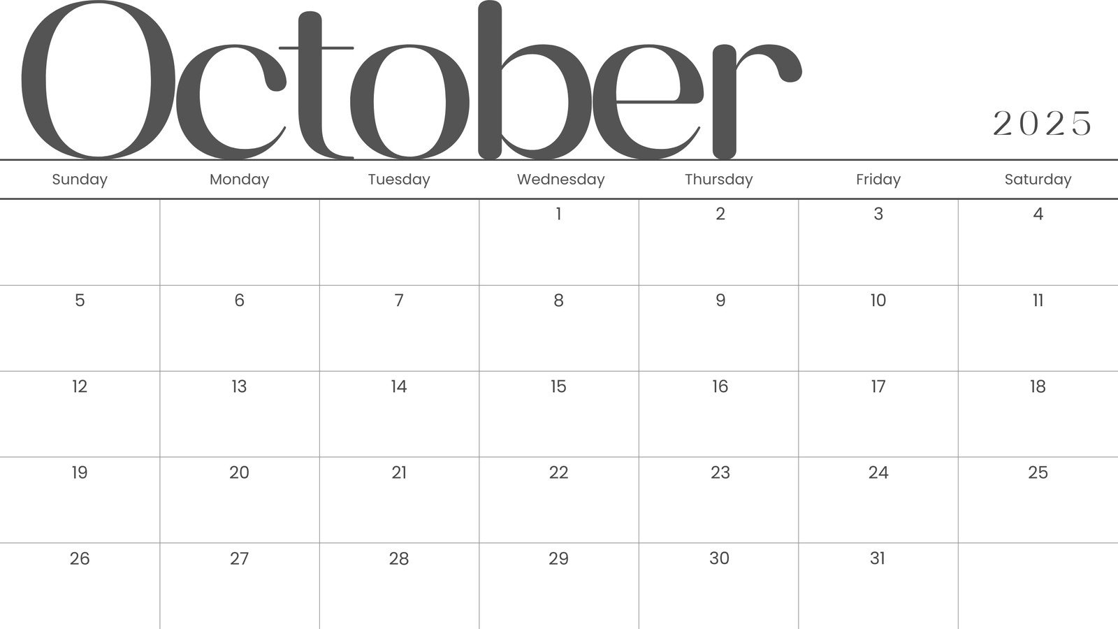 Blank Calendar Template October 2025 Printable