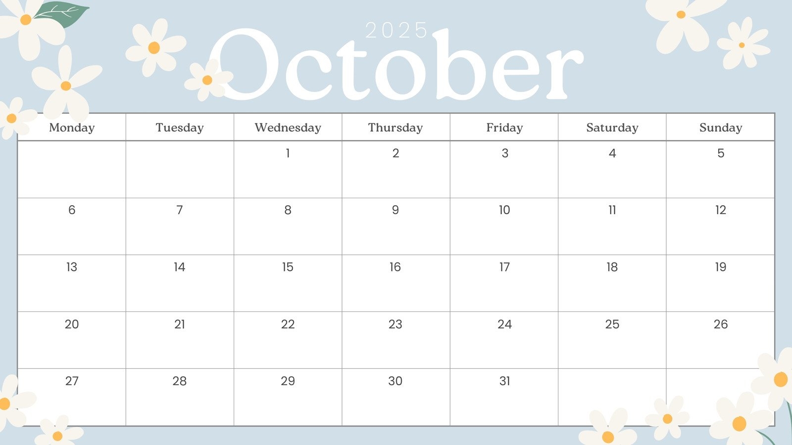 Blank Monthly Calendar Printable October 2025