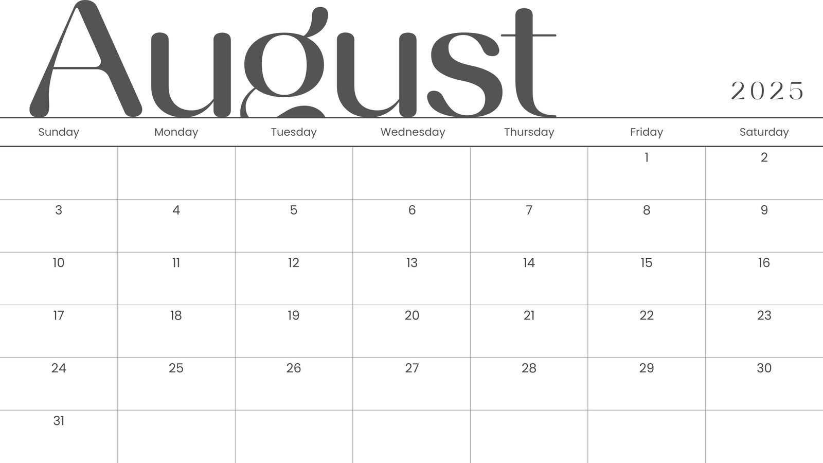 August 2025 Blank Calendar Printable Free