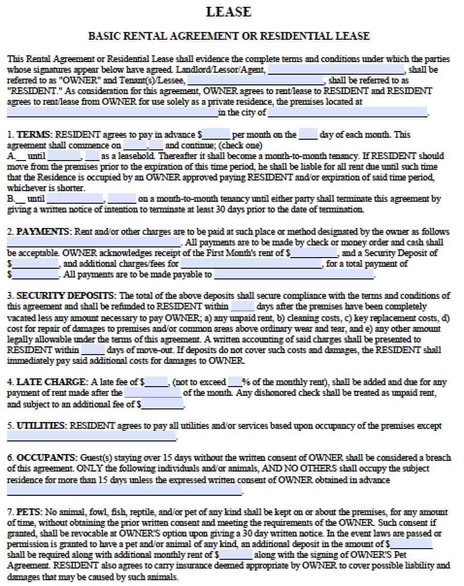 Blank Printable Residential Lease