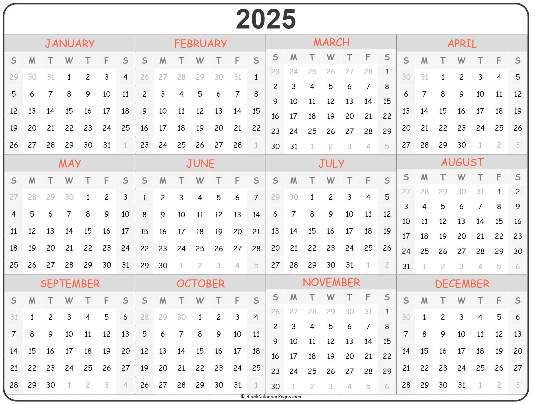 Blank 2025 Calendar Printable
