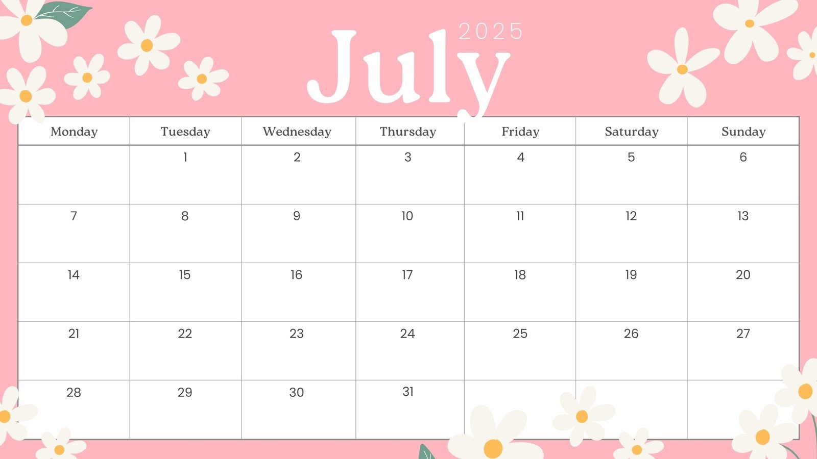 Free Printable Blank July 2025 Calendar