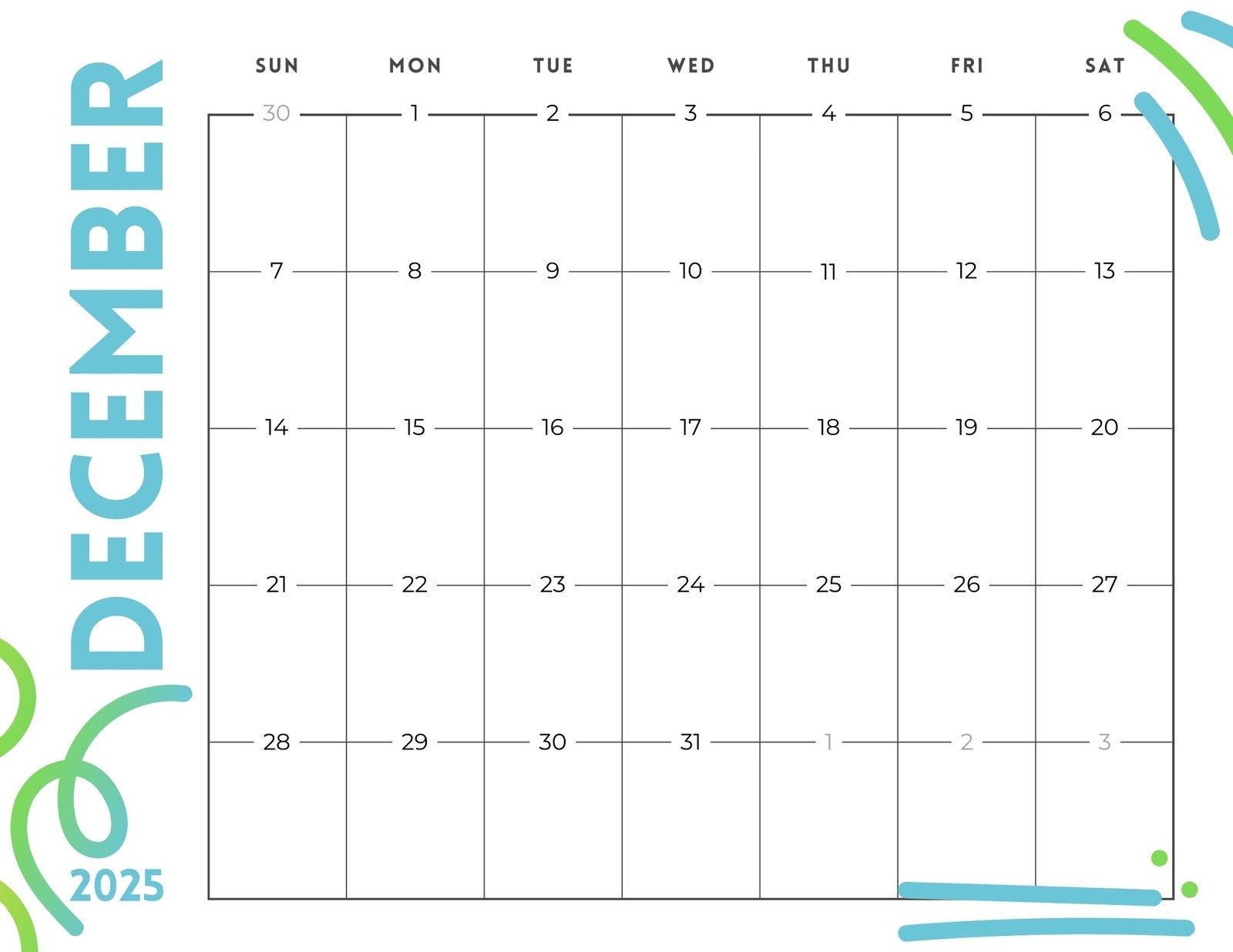 Blank Free Printable Monthly Calendar December 2025