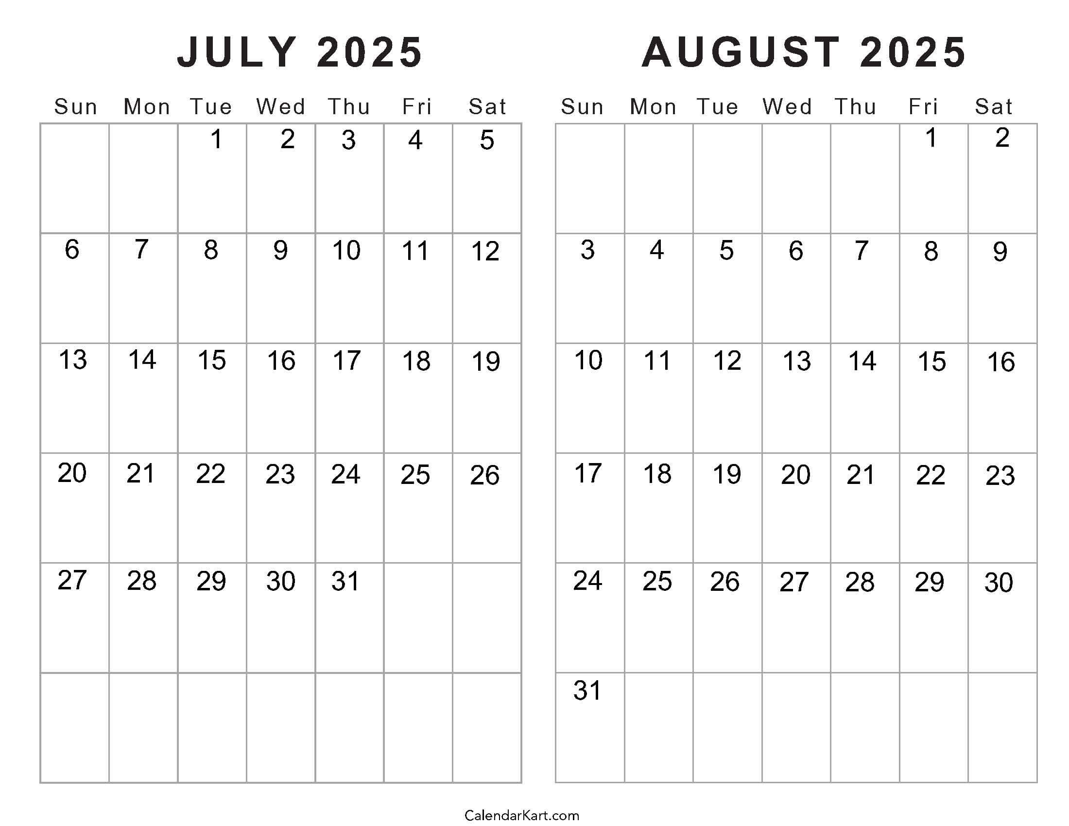 Printable Blank Calendar July And August 2025