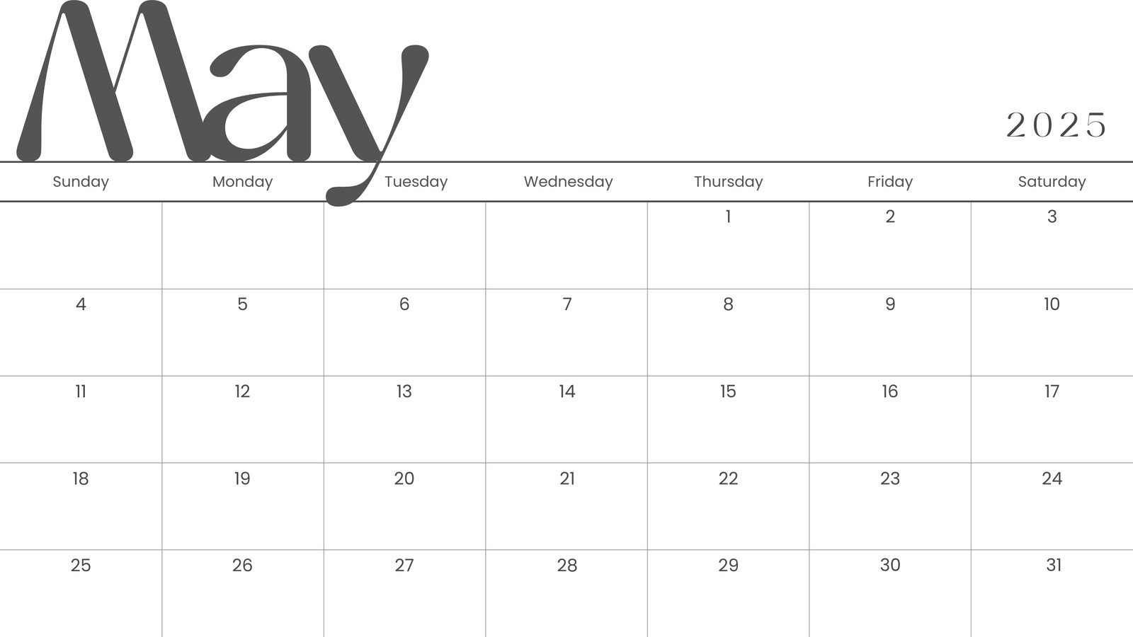 Blank May 2025 Calendar Printable Free