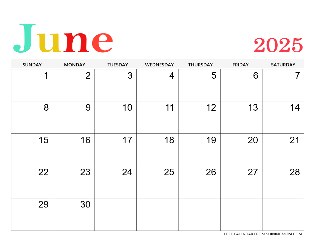 Blank Monthly Calendar Printable June 2025