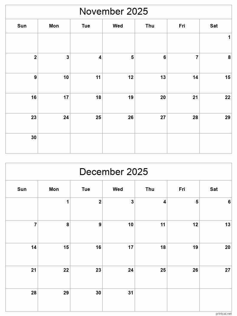 November To December 2025 Printable Calendar Two Months Per Page Printable Calendar