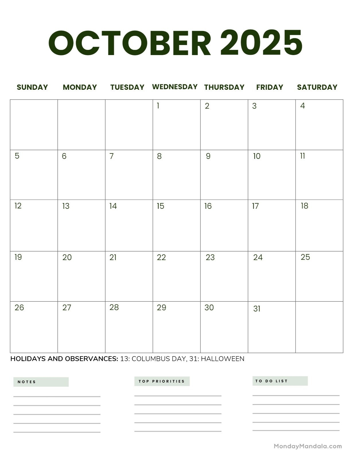 Printable Blank Calendar Oct 2025