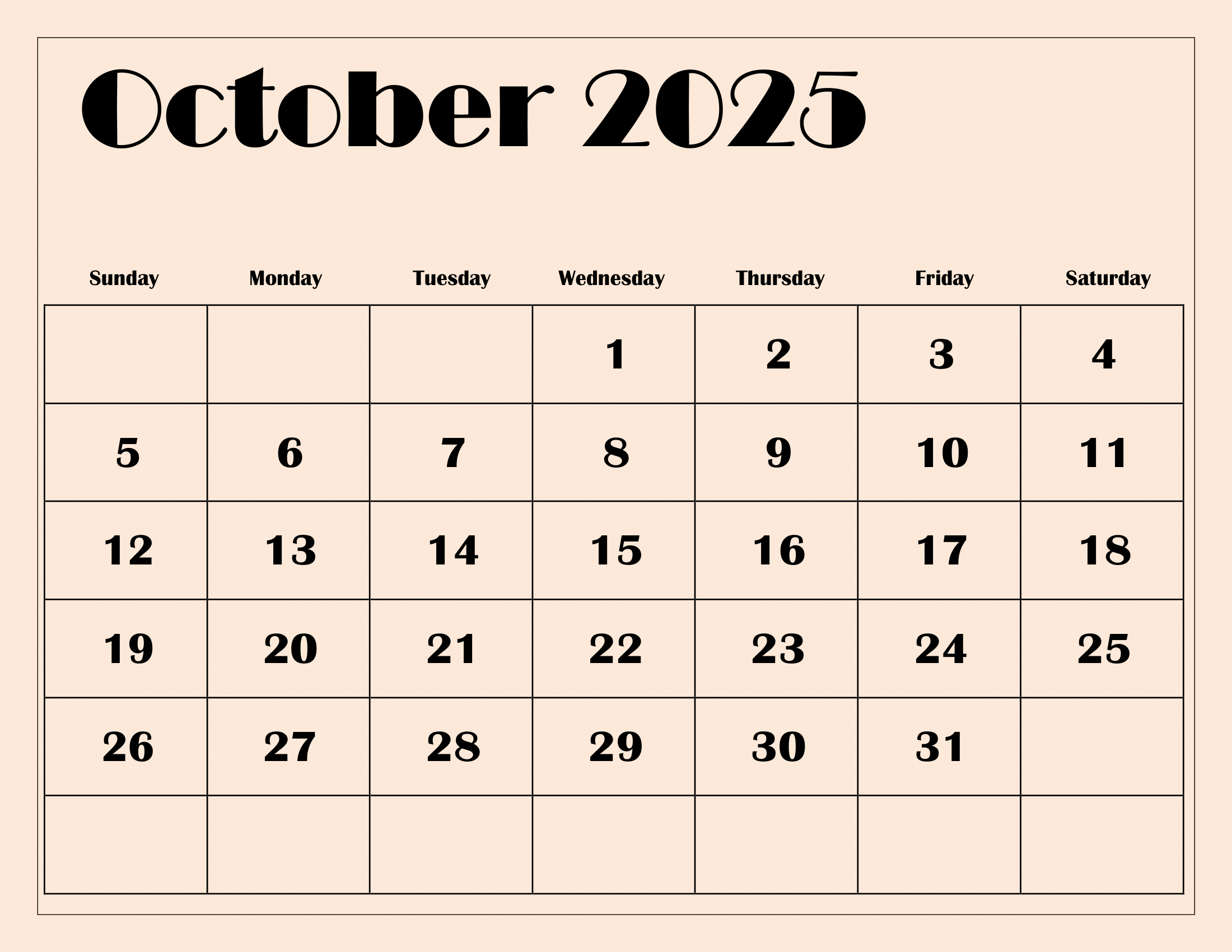 Blank Calendar October 2025 Free Printable