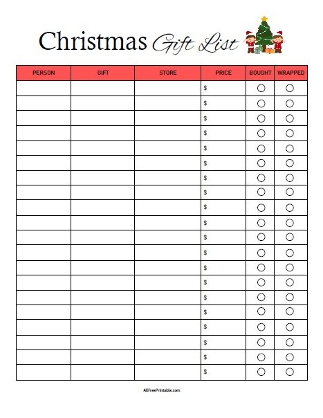 Print Christmas Gift List Free Printable