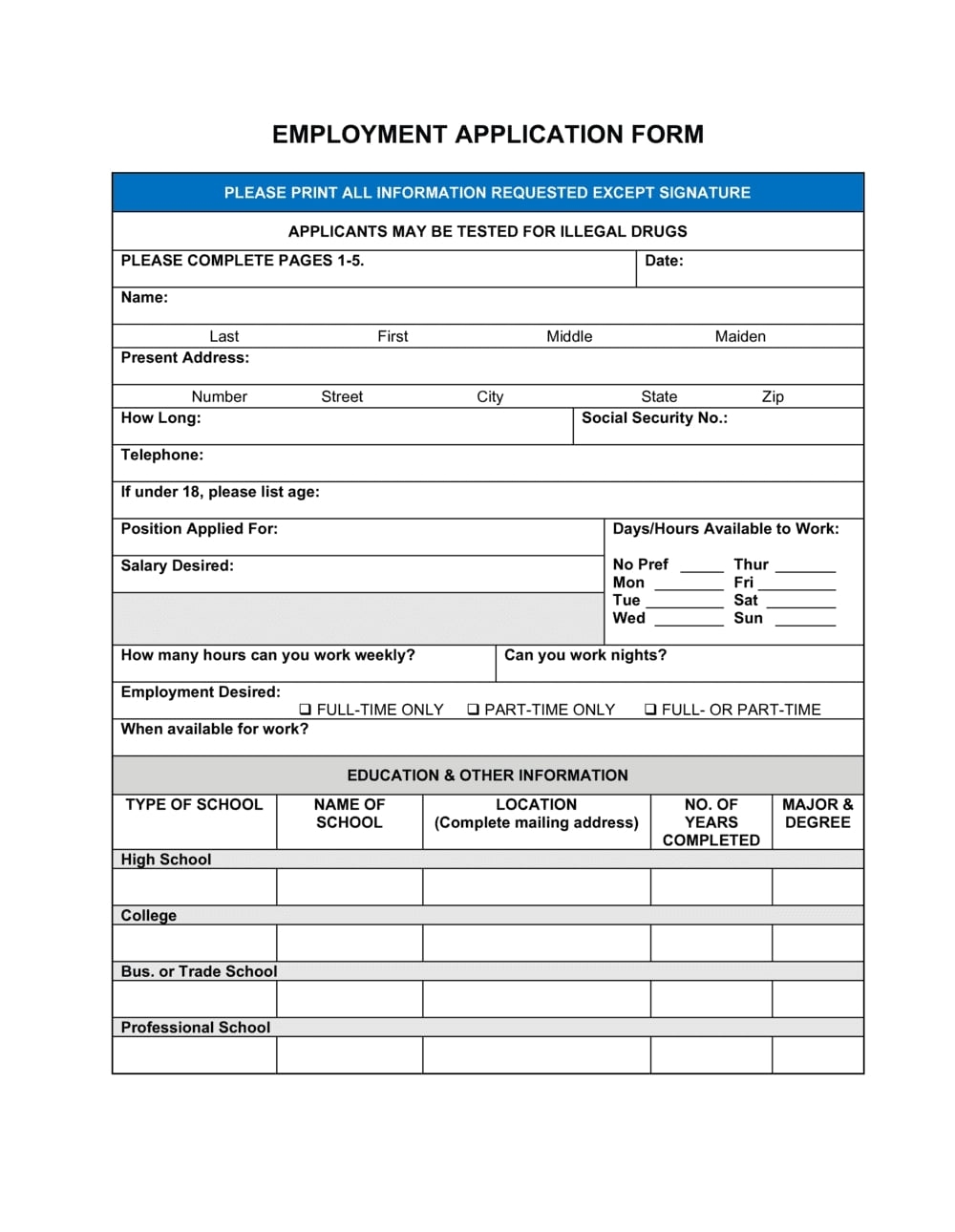 Printable Blank Application For Employment Printable JD