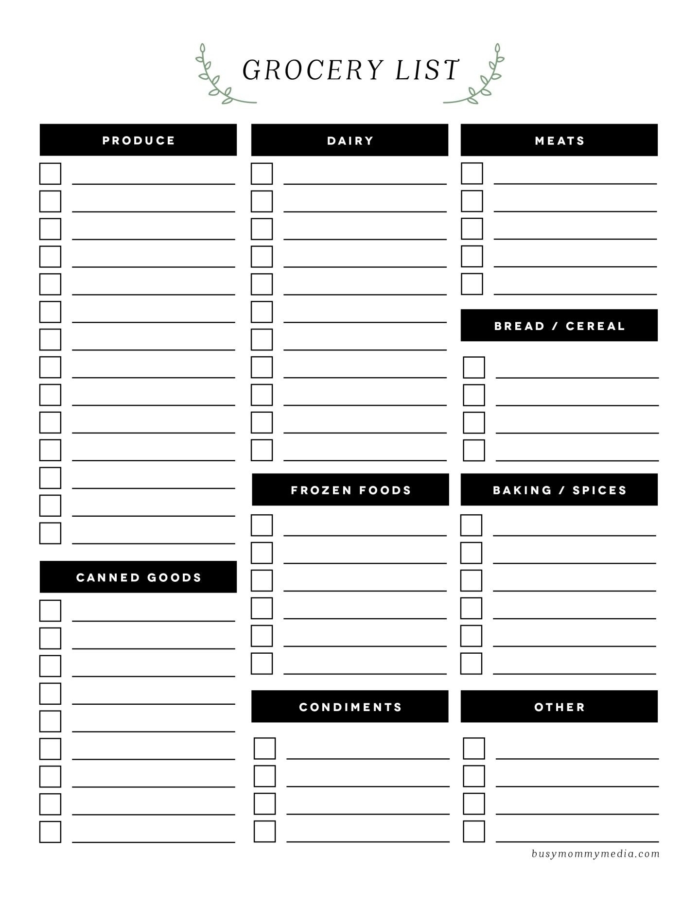 Printable Blank Grocery List