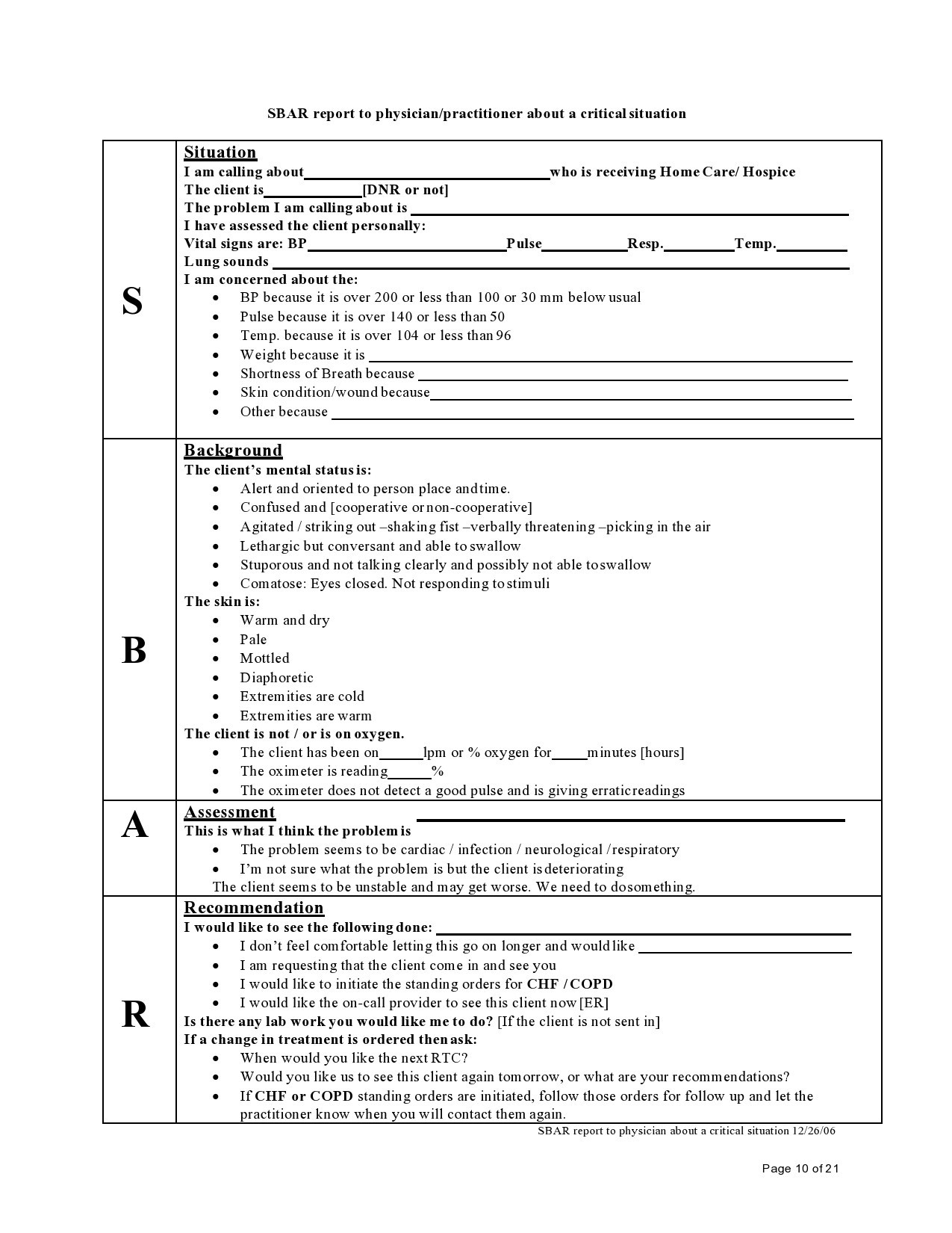 Printable Blank Sbar Template