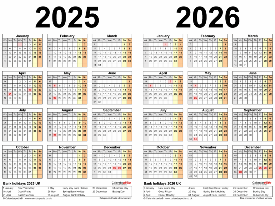Two Year Calendars For 2025 And 2026 UK For PDF